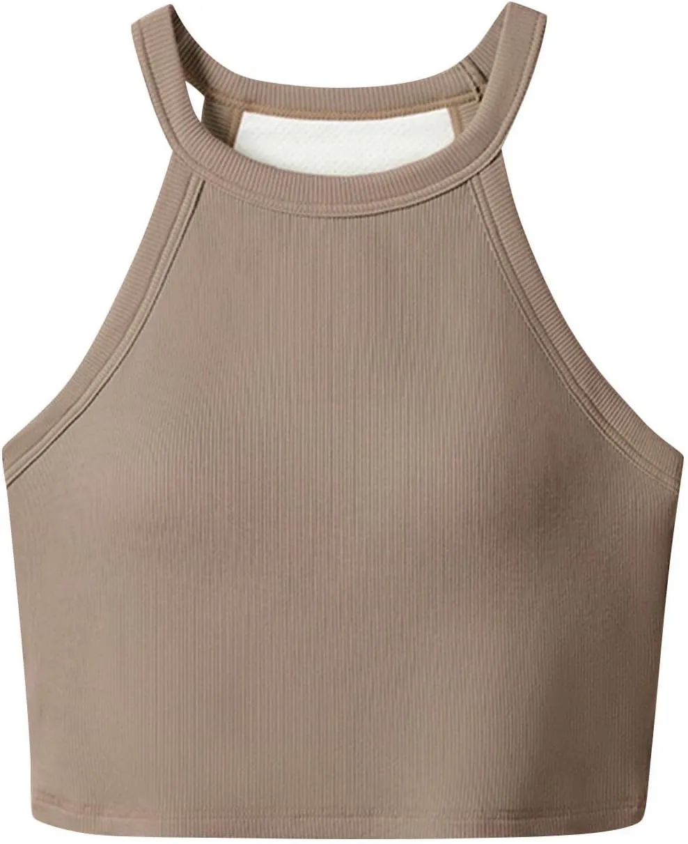 Women Ribbed Halter Yoga Tank Tops Summer Built in Bra Slim Fit Crop Camisole Casual Comfy Workout Sleeveless Shirts
