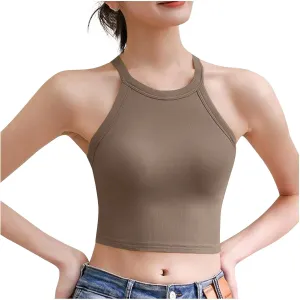 Women Ribbed Halter Yoga Tank Tops Summer Built in Bra Slim Fit Crop Camisole Casual Comfy Workout Sleeveless Shirts