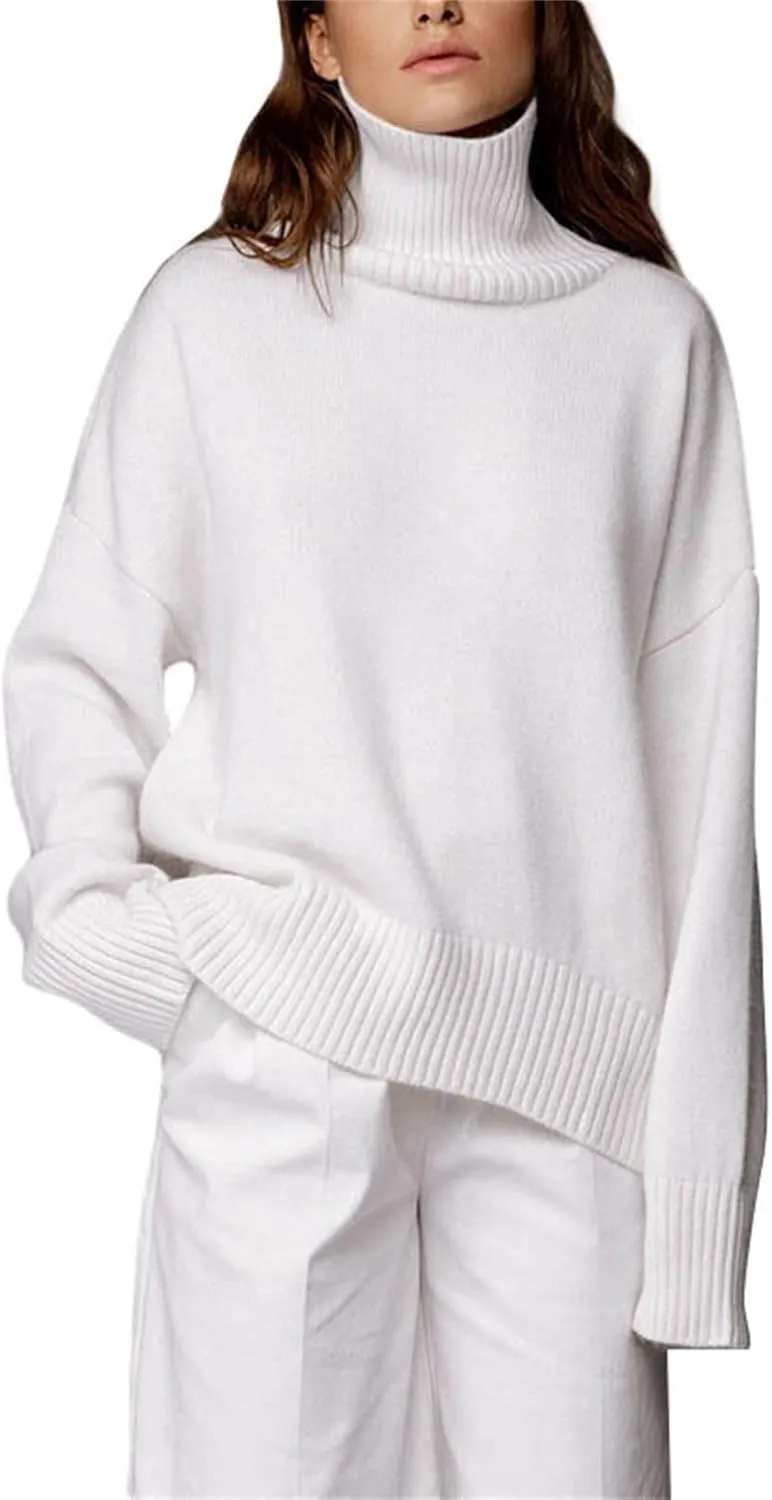 Women 's Turtleneck Knit Sweater Oversized Solid Color Warm Knitwear Long Sleeve Fall Winter Pullover
