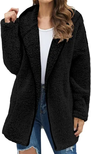 Women Sherpa Jacket Coat Oversized Long Sleeve Zip Up Winter Warm Fuzzy Fleece Open Front Hooded Cardigan Outwear