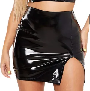 Women Shiny Leather Pleated Skirts Mini Bodycon Folds Pencil Skirts Pu Hems Side Split Skirts