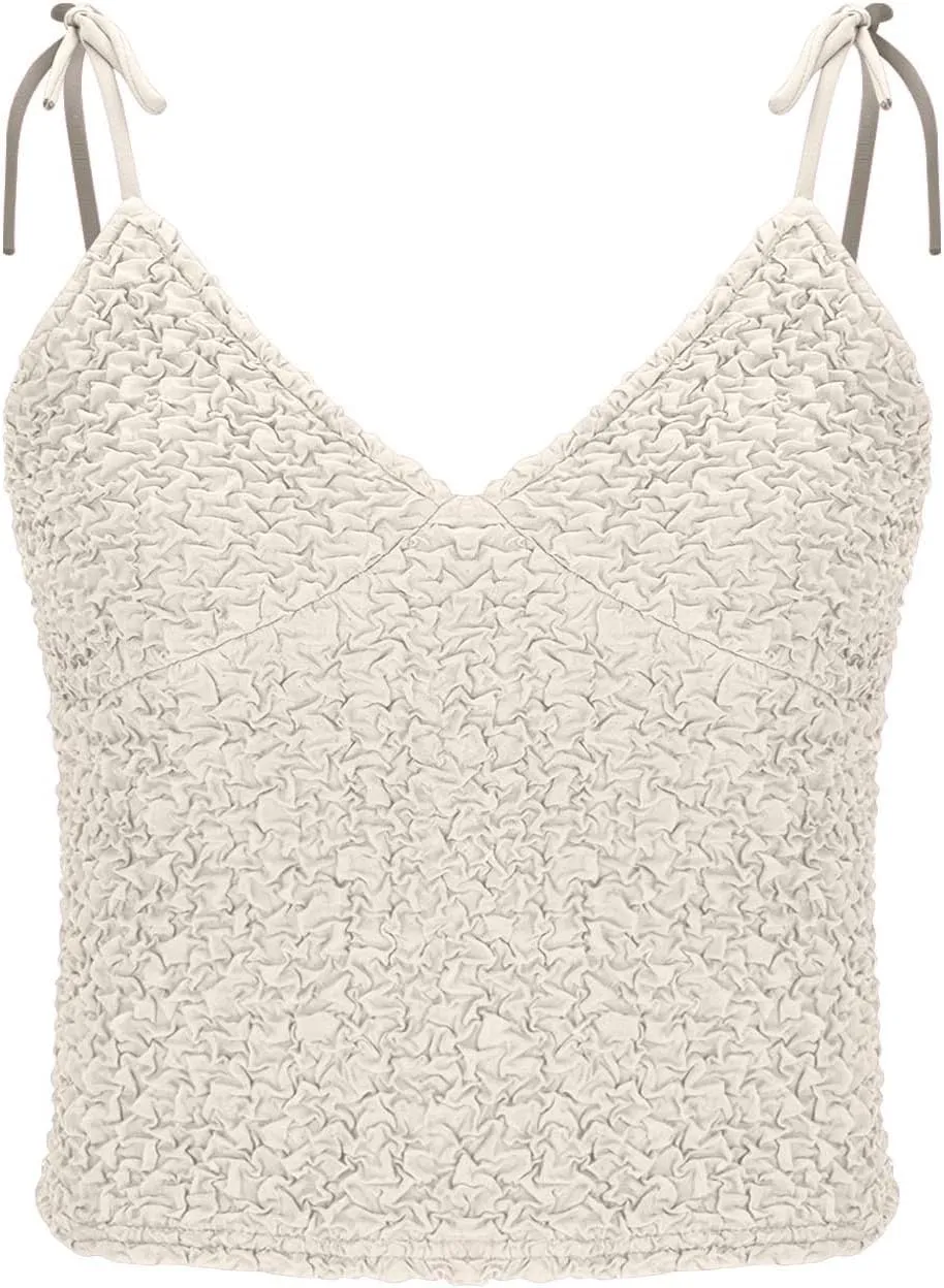 Women Sleeveless Tank Top Deep V Neck Spaghetti Strap Sexy Camisole Textured Ruched Top Fashion Vacation Outfit