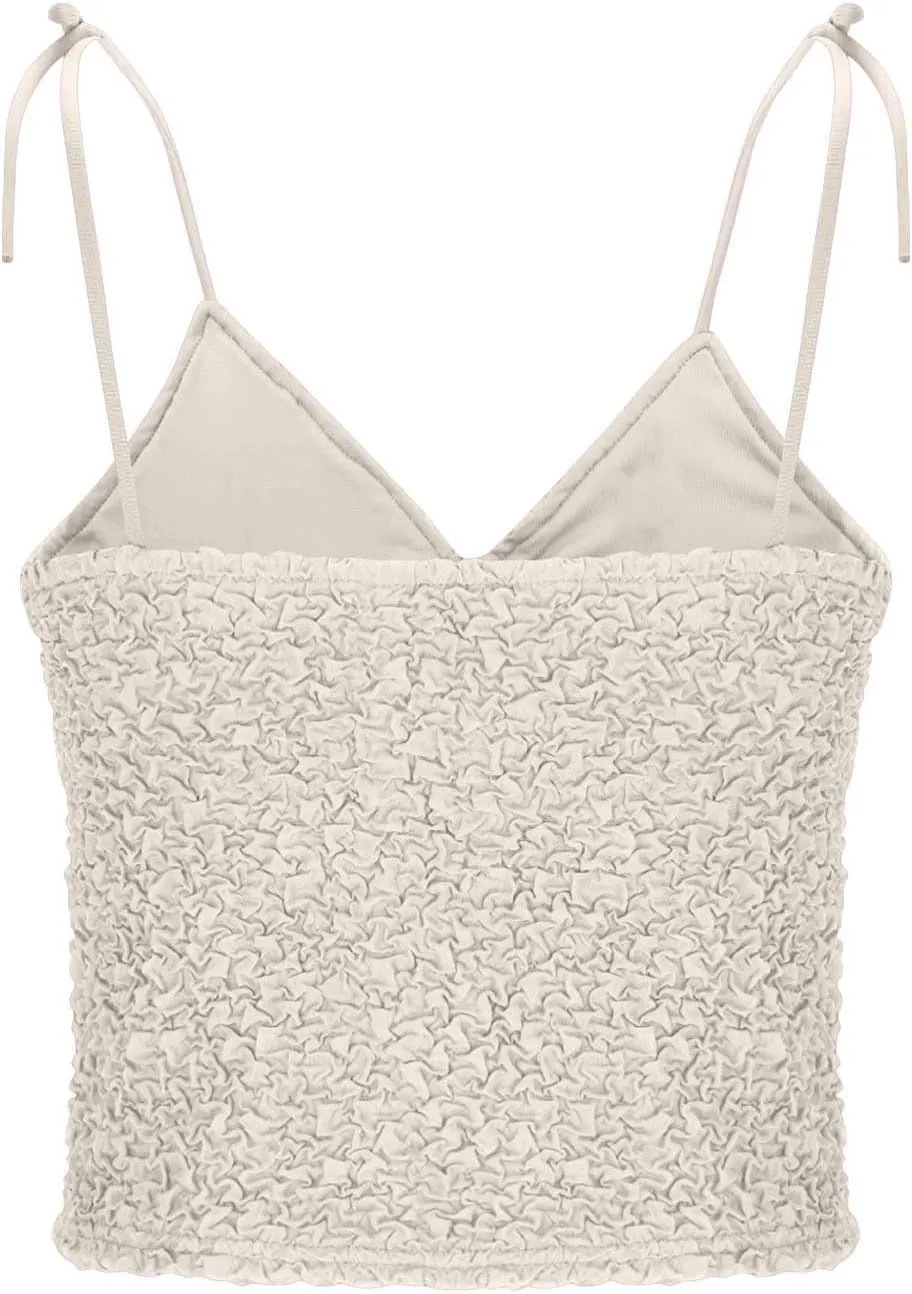 Women Sleeveless Tank Top Deep V Neck Spaghetti Strap Sexy Camisole Textured Ruched Top Fashion Vacation Outfit