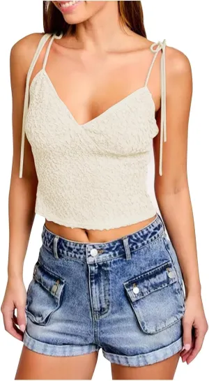Women Sleeveless Tank Top Deep V Neck Spaghetti Strap Sexy Camisole Textured Ruched Top Fashion Vacation Outfit