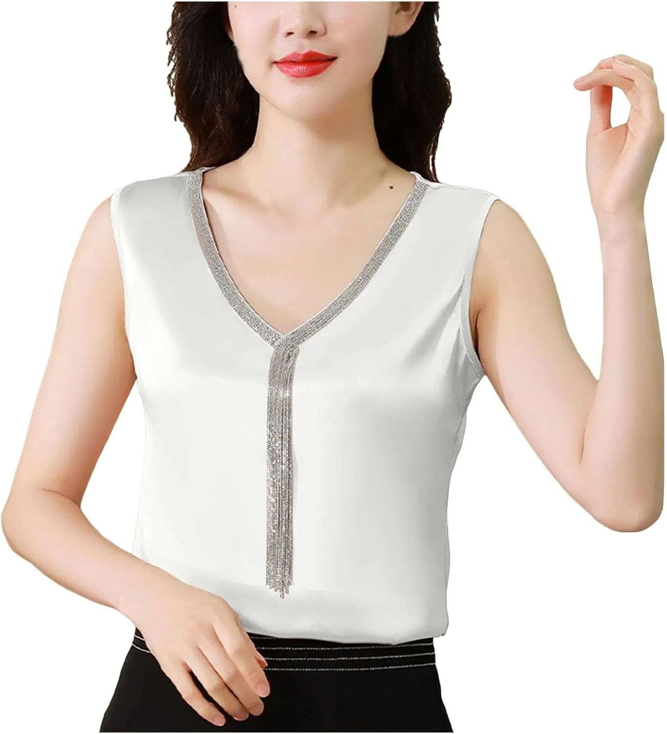 Women Summer Fashion Tops Printed V Neck Sleeveless Shirts Casual Loose Comfortable Camisole Tops Backless Top