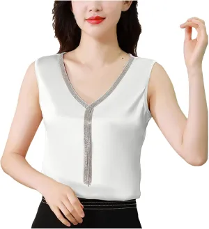 Women Summer Fashion Tops Printed V Neck Sleeveless Shirts Casual Loose Comfortable Camisole Tops Backless Top