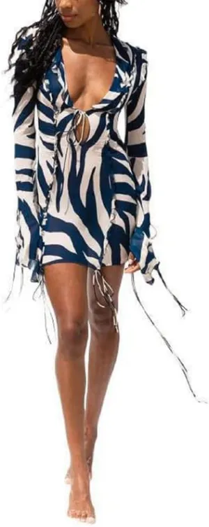 Women Tie Dye Long Sleeve Mini Dress Deep V Neck Criss Cross Bandage Dress Ruffle Trim Bodycon Sexy Party Dress