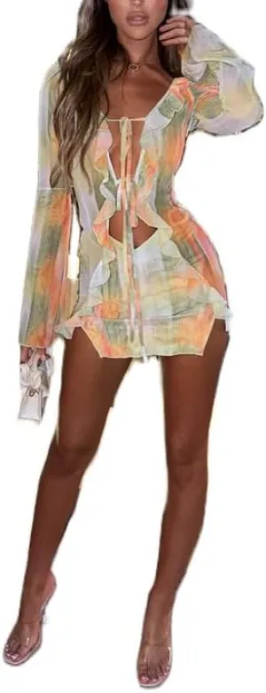 Women Tie Dye Long Sleeve Mini Dress Deep V Neck Criss Cross Bandage Dress Ruffle Trim Bodycon Sexy Party Dress