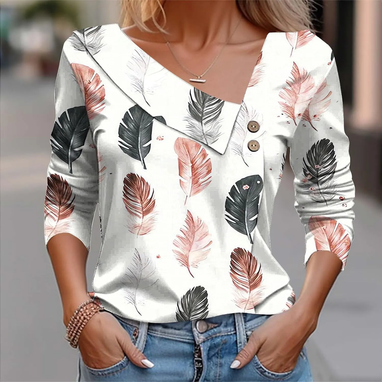 Women Tops Spring 2025 Casual Long Sleeve Loose Shirts Plaid Print Tees Asymmetric Button V Neck Blouses Dressy Tunic