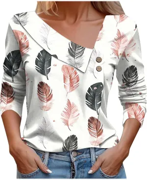 Women Tops Spring 2025 Casual Long Sleeve Loose Shirts Plaid Print Tees Asymmetric Button V Neck Blouses Dressy Tunic