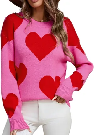 Women Valentines Day Turtleneck Sweaters for Teen Girls Heart Print Oversized Long Sleeve Knit Pullovers Tops(Dark Rosy Pink,L)