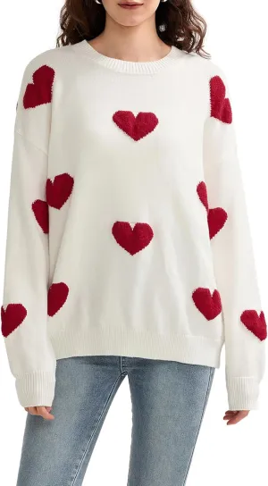 Women Valentines Day Turtleneck Sweaters for Teen Girls Heart Print Oversized Long Sleeve Knit Pullovers Tops(Love White Red,S)