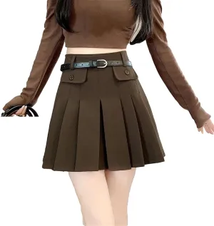 Women Vintage Pleated Mini Skirts Korean Style High Waist with Belt Skirts Casual Slim Holiday Skirts