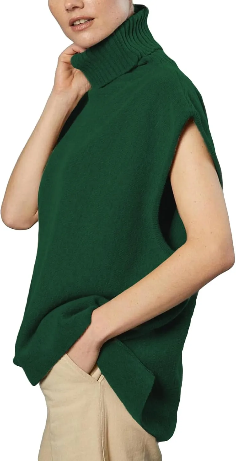Women Vintage Turtleneck Sweater Vest Oversized Mock High Neck Knitted Gilet Casual Sleeveless Knitwear