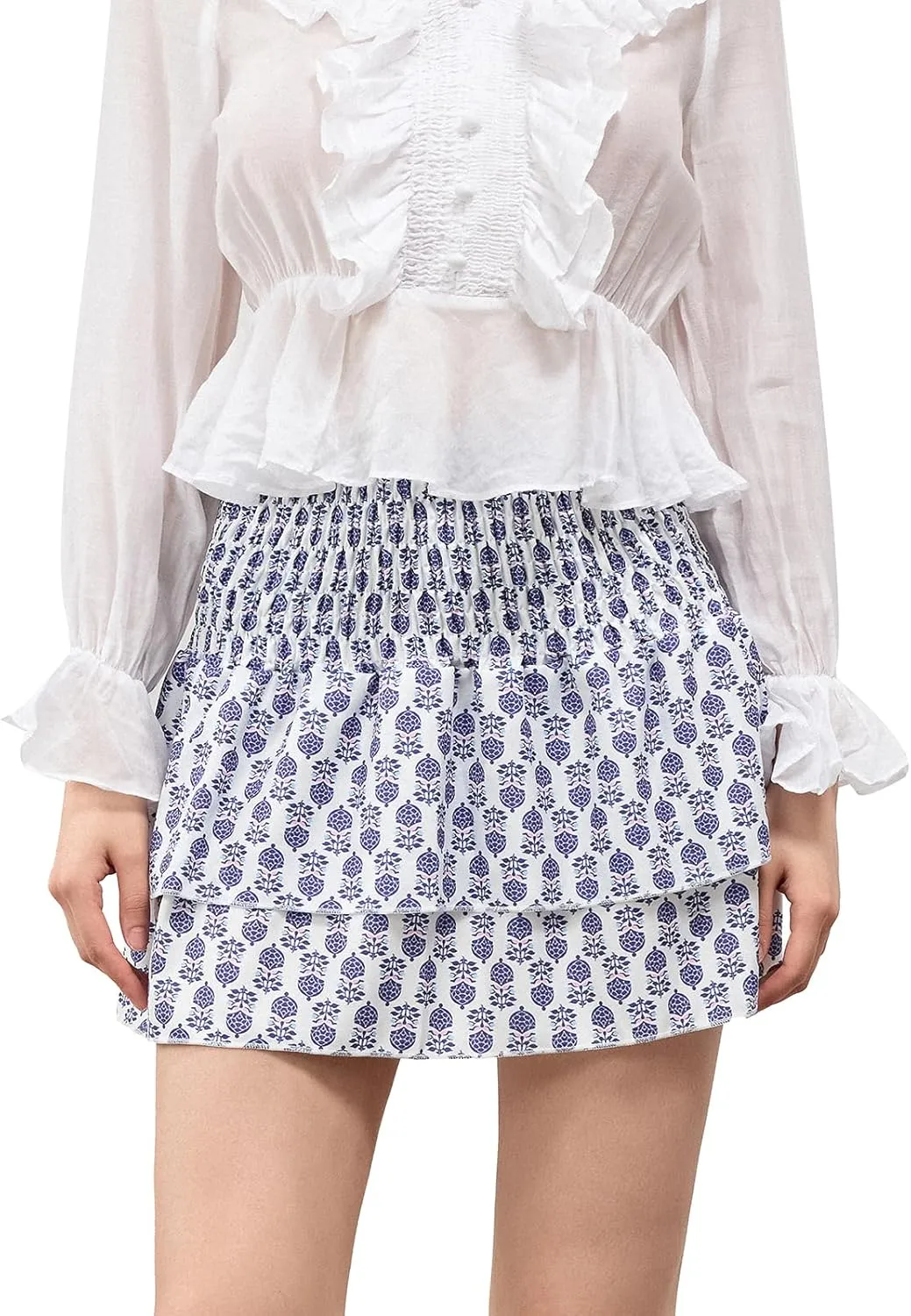 Women Y2K Floral Mini Skirts Lace Low Waist Pleated Ruffled Hem Layered Skirts Striped Beach Ruffle Short Skirts