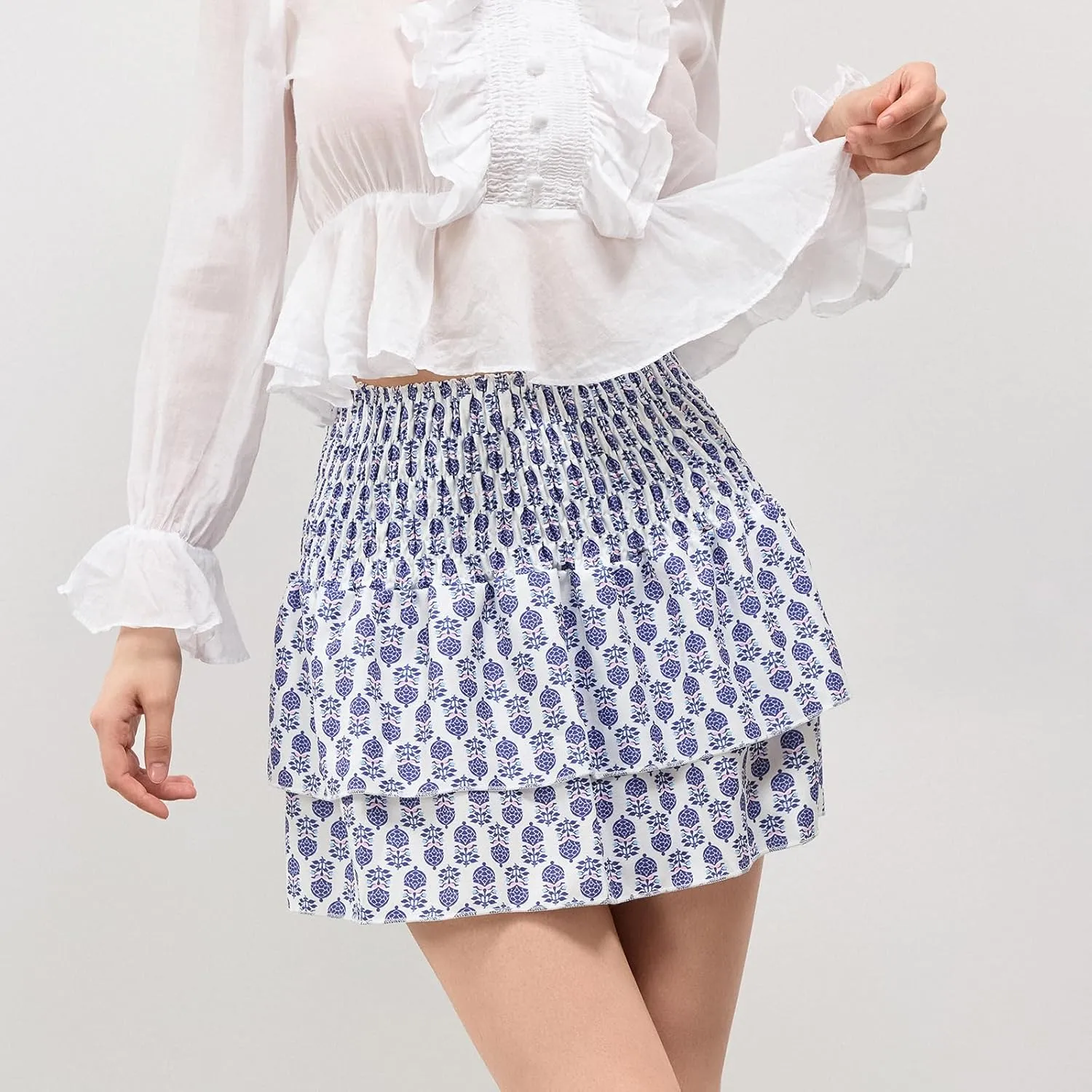 Women Y2K Floral Mini Skirts Lace Low Waist Pleated Ruffled Hem Layered Skirts Striped Beach Ruffle Short Skirts