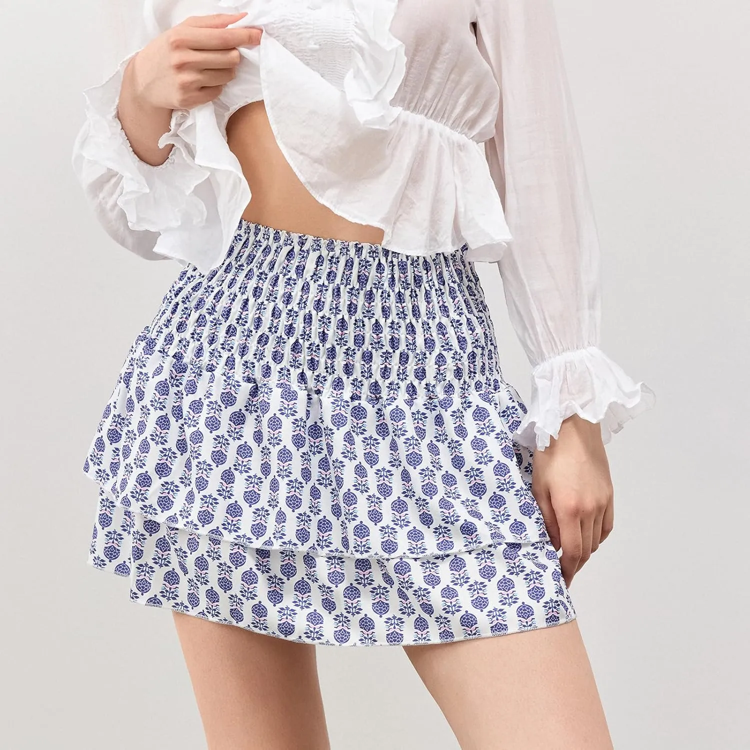 Women Y2K Floral Mini Skirts Lace Low Waist Pleated Ruffled Hem Layered Skirts Striped Beach Ruffle Short Skirts