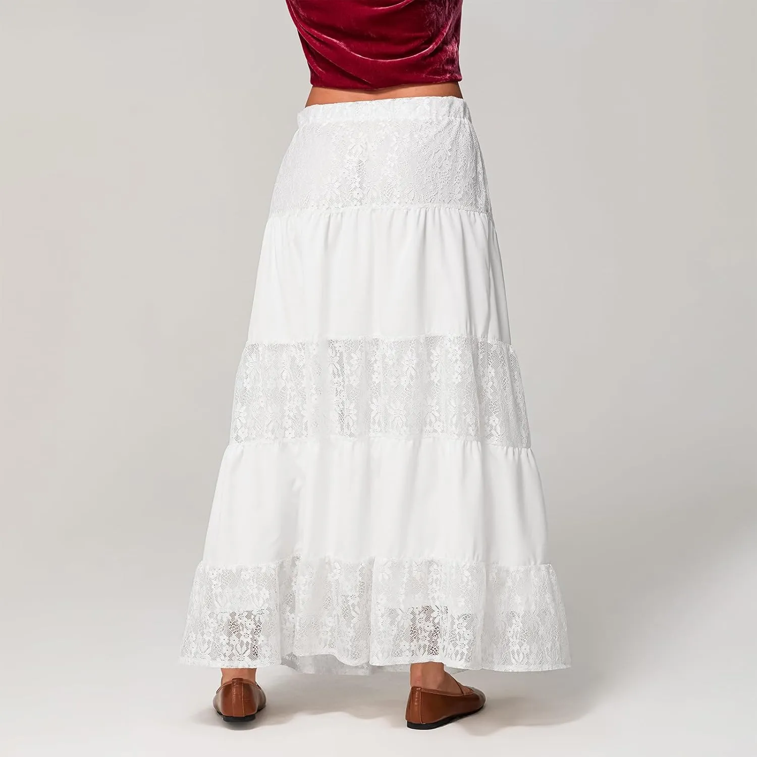 Women Y2k Lace Slip Long Skirts Elastic Waist Tiered Skirts Summer Ankle Length Ruffle Tiered Skirts Streetwear