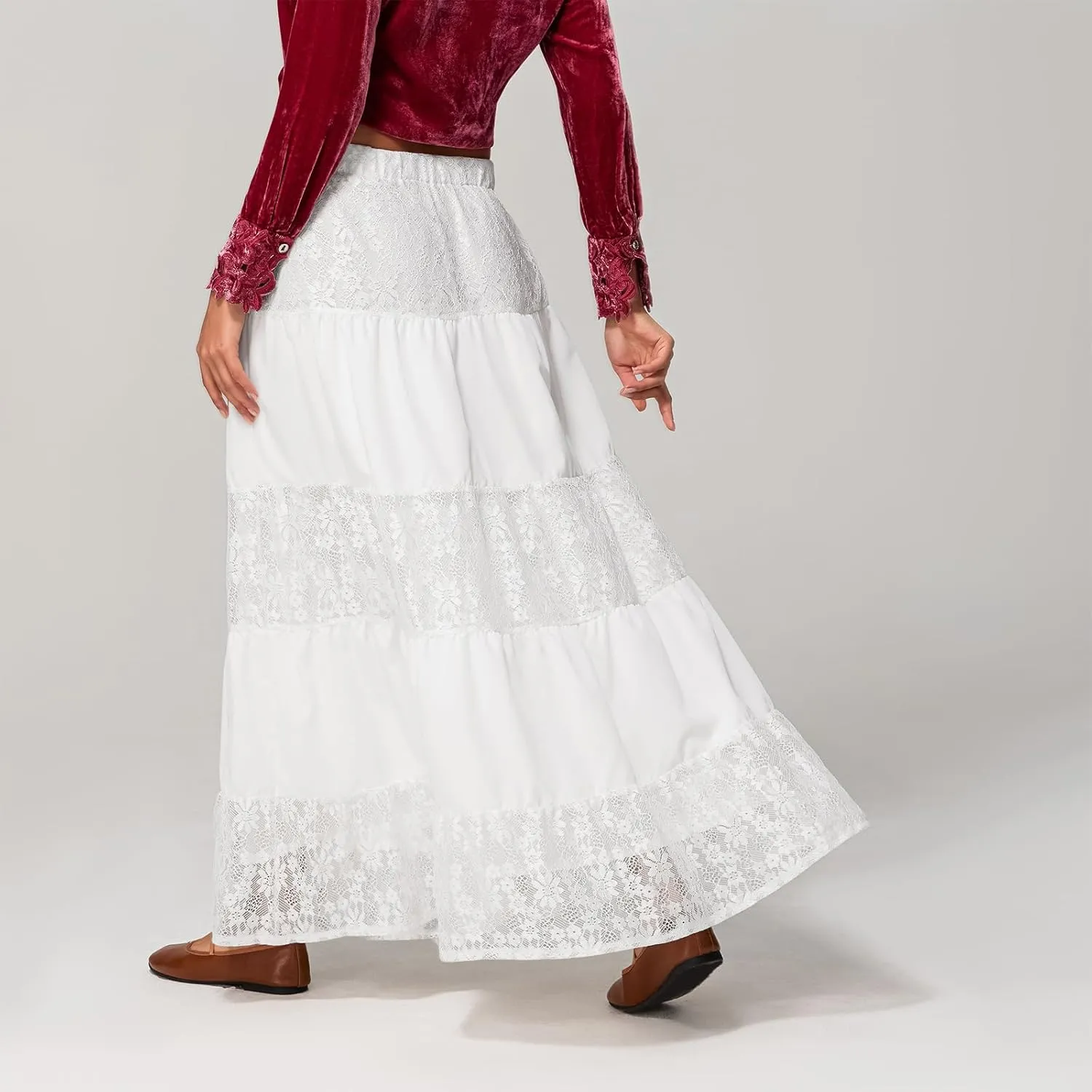 Women Y2k Lace Slip Long Skirts Elastic Waist Tiered Skirts Summer Ankle Length Ruffle Tiered Skirts Streetwear