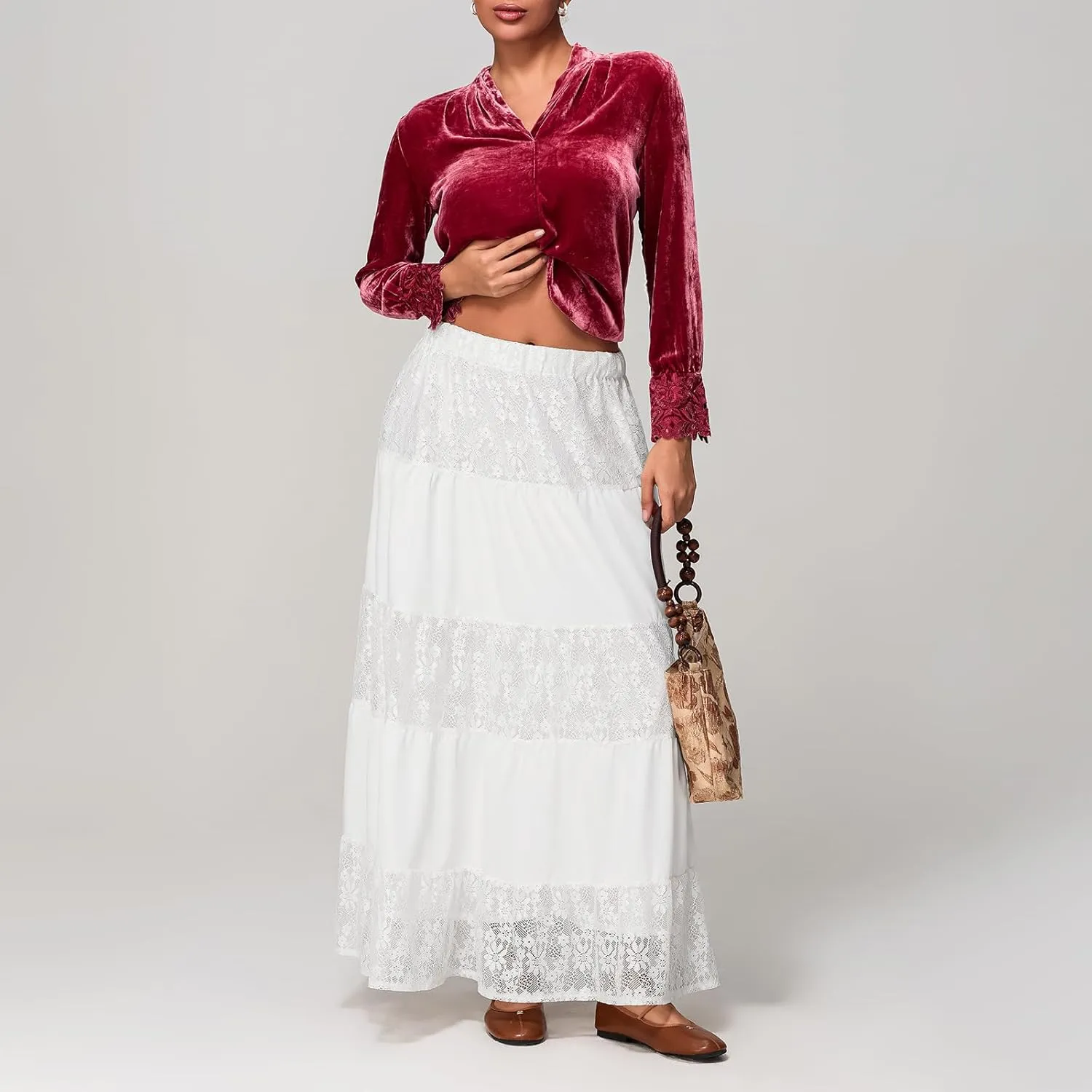Women Y2k Lace Slip Long Skirts Elastic Waist Tiered Skirts Summer Ankle Length Ruffle Tiered Skirts Streetwear