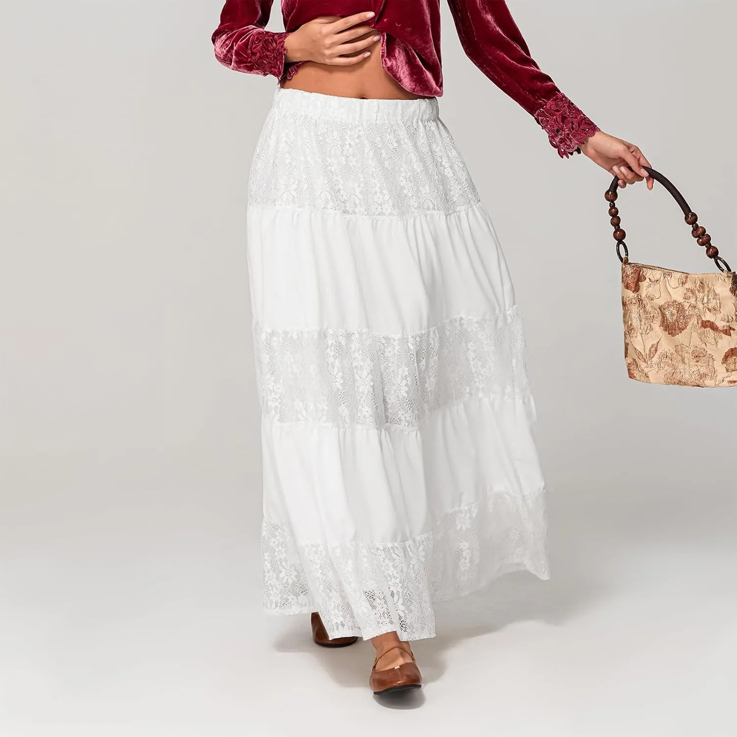 Women Y2k Lace Slip Long Skirts Elastic Waist Tiered Skirts Summer Ankle Length Ruffle Tiered Skirts Streetwear