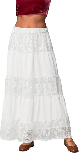 Women Y2k Lace Slip Long Skirts Elastic Waist Tiered Skirts Summer Ankle Length Ruffle Tiered Skirts Streetwear