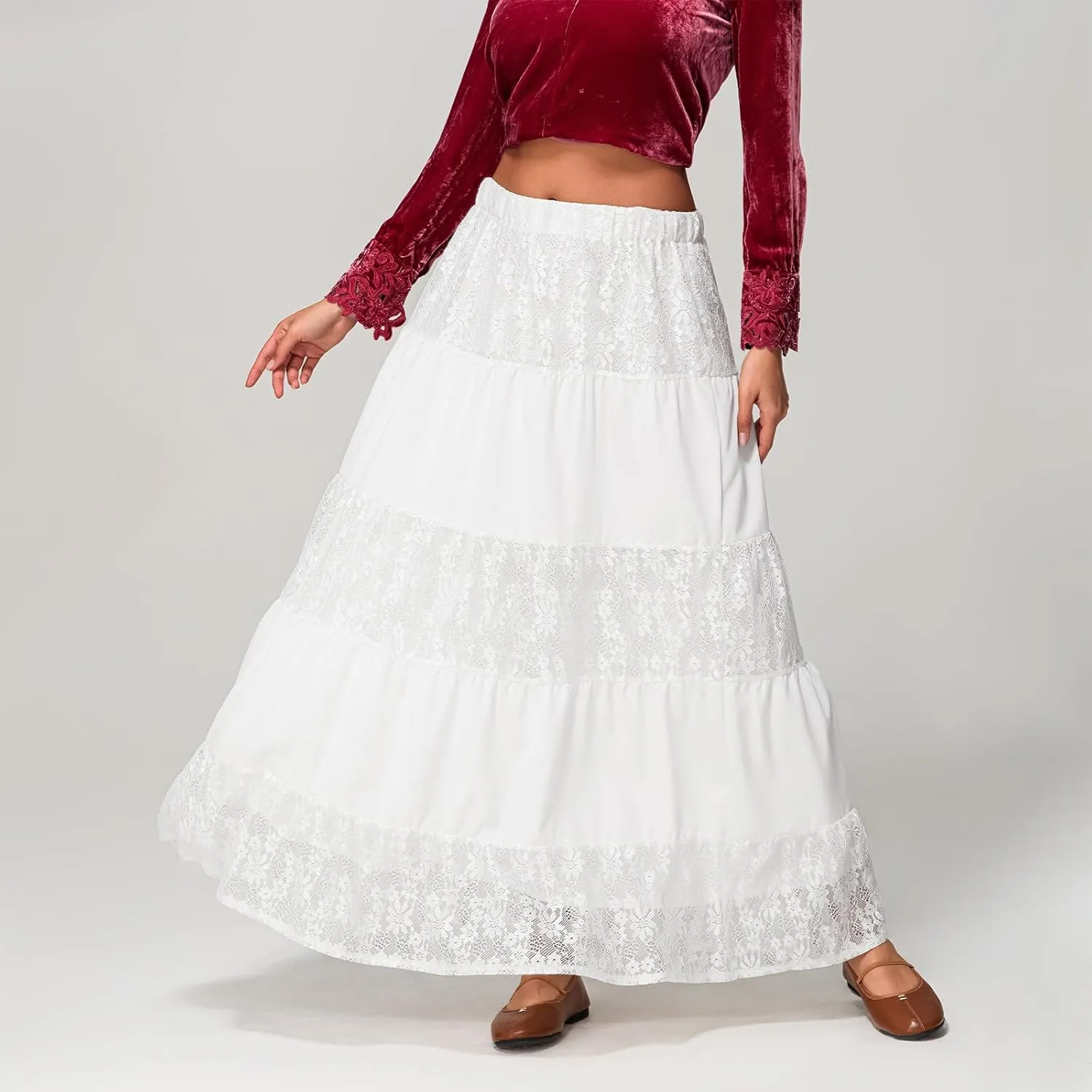 Women Y2k Lace Slip Long Skirts Elastic Waist Tiered Skirts Summer Ankle Length Ruffle Tiered Skirts Streetwear