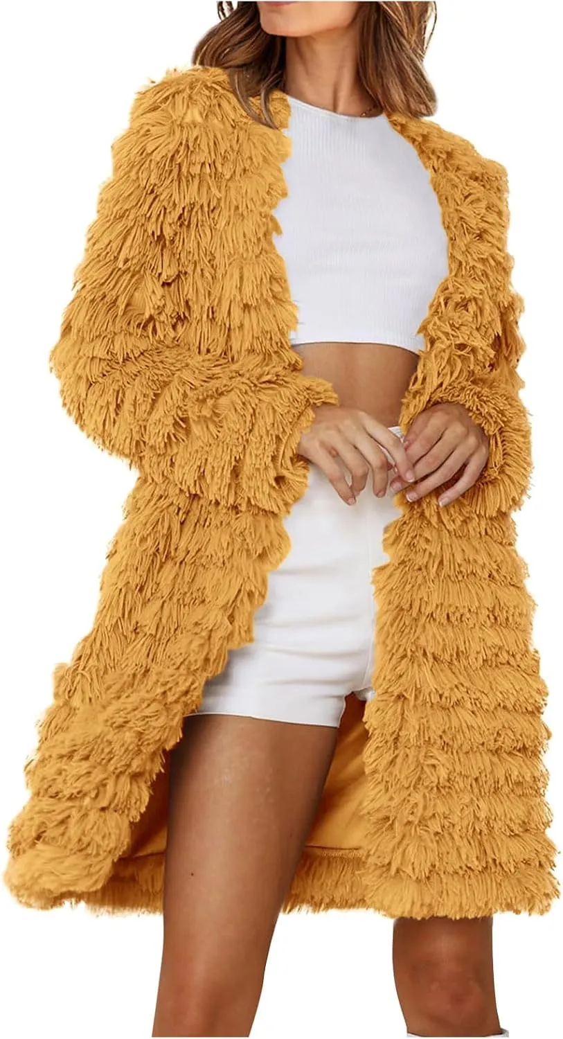 Women's 2023 Winter Faux Fur Jackets Fall Fashion Open Front Long Shaggy Coat Outerwear Tiered Maxi Faux Fur Cardigans
