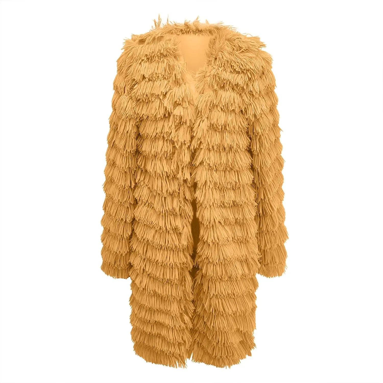 Women's 2023 Winter Faux Fur Jackets Fall Fashion Open Front Long Shaggy Coat Outerwear Tiered Maxi Faux Fur Cardigans