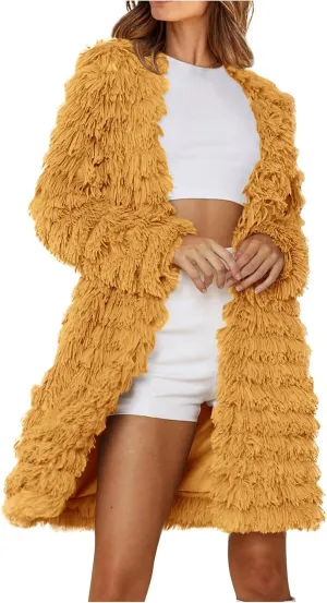 Women's 2023 Winter Faux Fur Jackets Fall Fashion Open Front Long Shaggy Coat Outerwear Tiered Maxi Faux Fur Cardigans