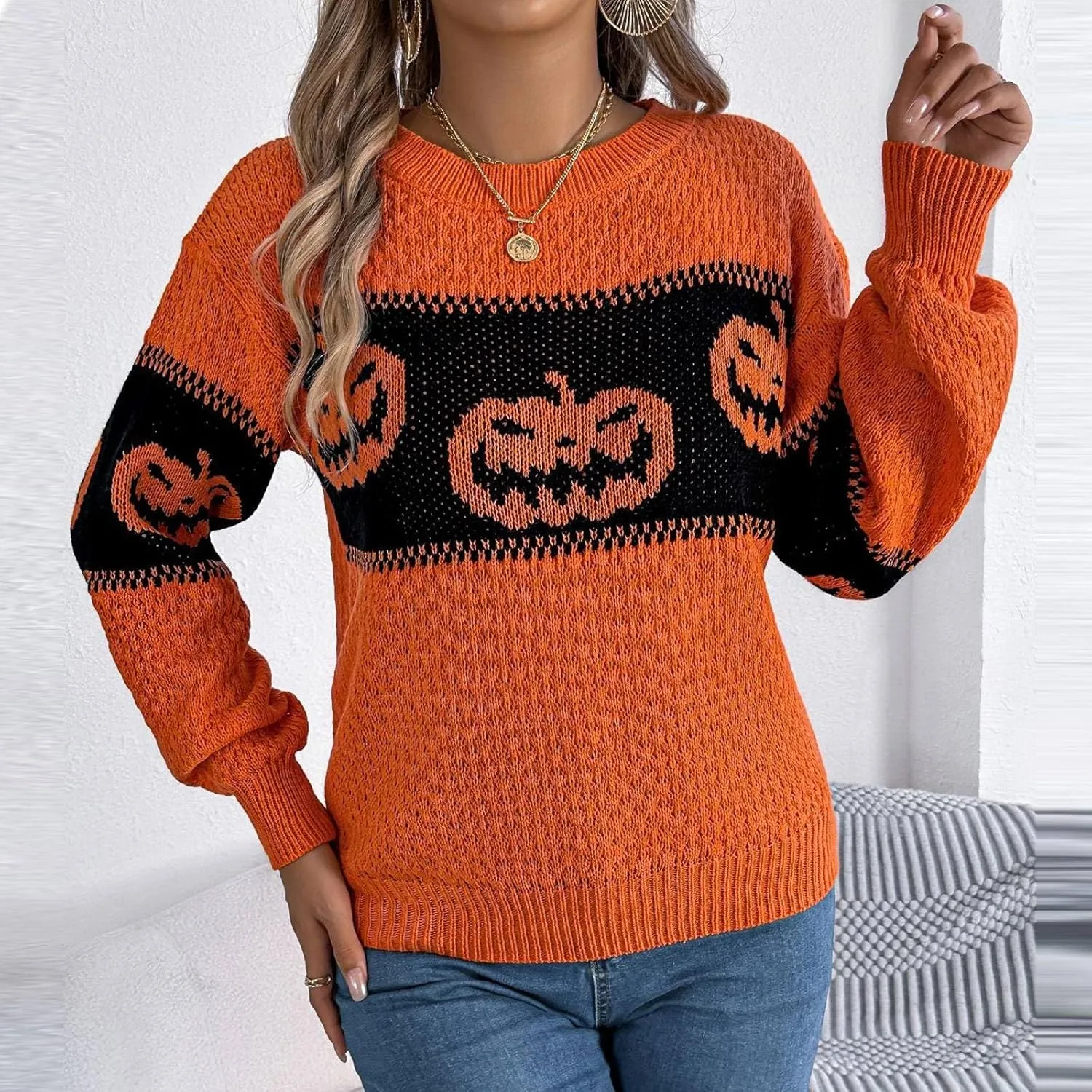 Women's 2024 Fall Fashion Turtleneck Long Sleeve Striped Ribbed Knit Loose Pullover Sweater Tops Crewneck Cozy Tops