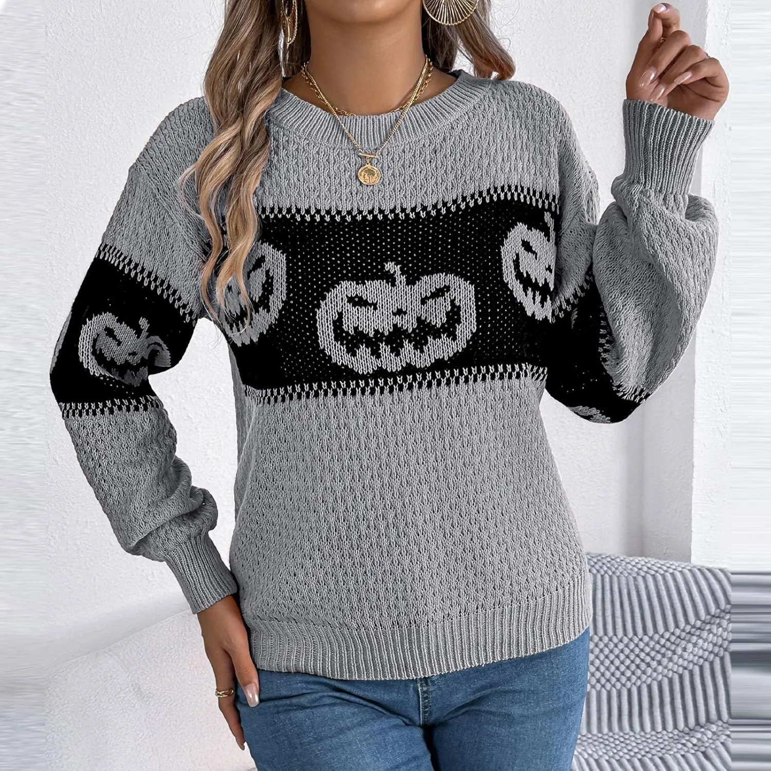 Women's 2024 Fall Fashion Turtleneck Long Sleeve Striped Ribbed Knit Loose Pullover Sweater Tops Crewneck Cozy Tops