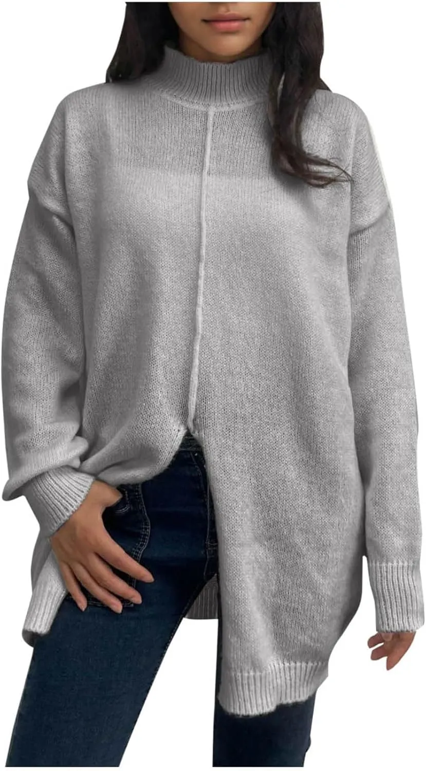 Women's 2024 Turtleneck Long Sleeve Loose Oversized Chunky Knitted Pullover Sweater Jumper Tops Fall Sweater
