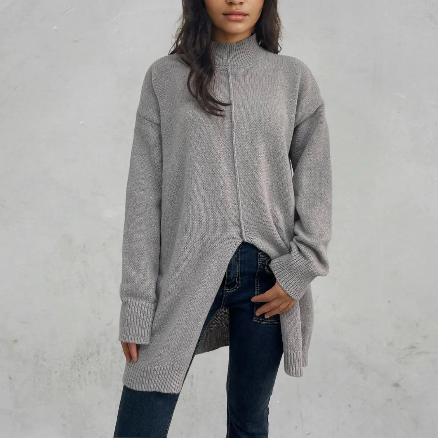 Women's 2024 Turtleneck Long Sleeve Loose Oversized Chunky Knitted Pullover Sweater Jumper Tops Fall Sweater
