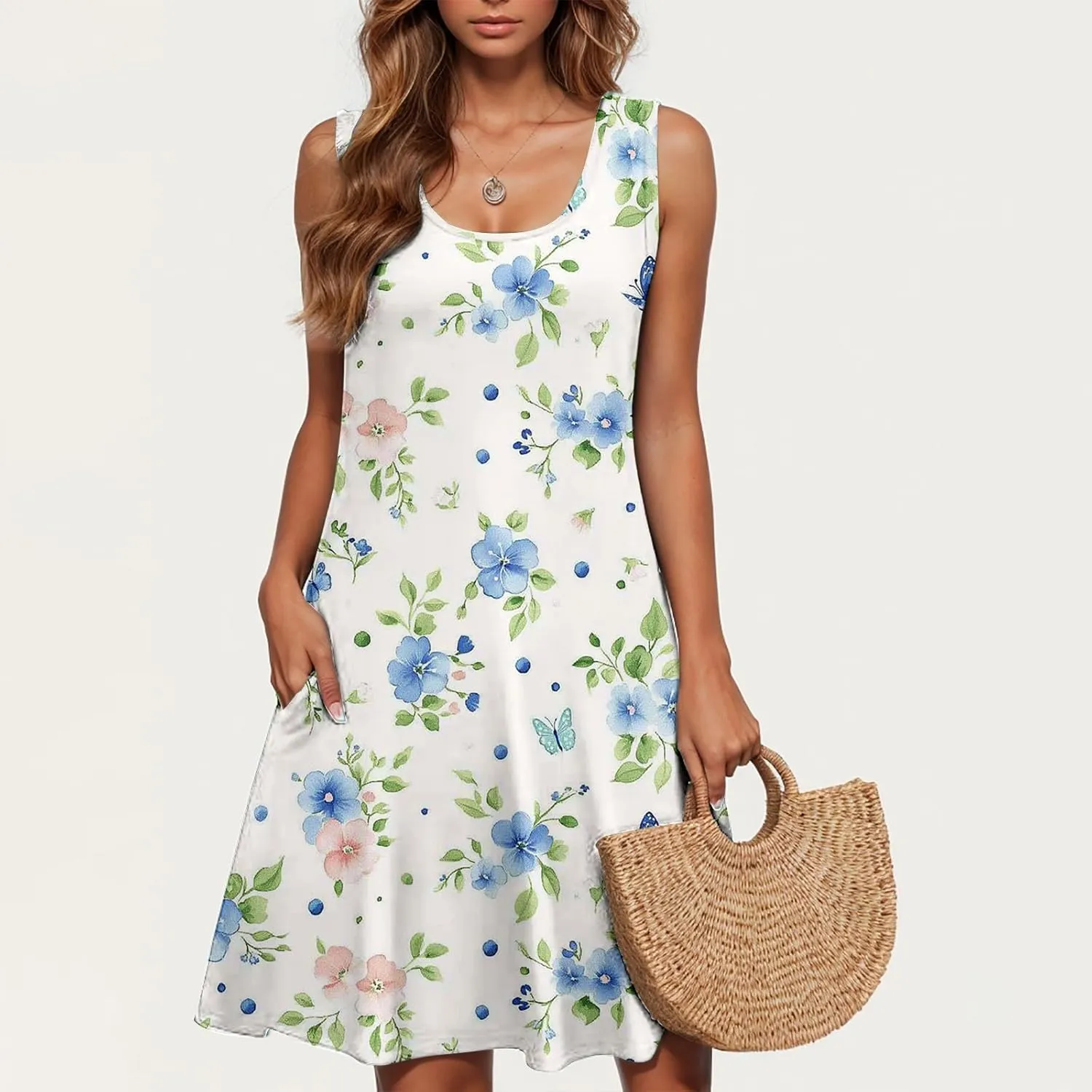 Womens Beach Dresses Loose Swimsuit Cover Ups Sleeveless Vacation Dresses Floral Swing Mini Dress Casual Dresses