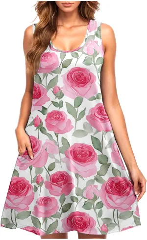 Womens Beach Dresses Loose Swimsuit Cover Ups Sleeveless Vacation Dresses Floral Swing Mini Dress Casual Dresses