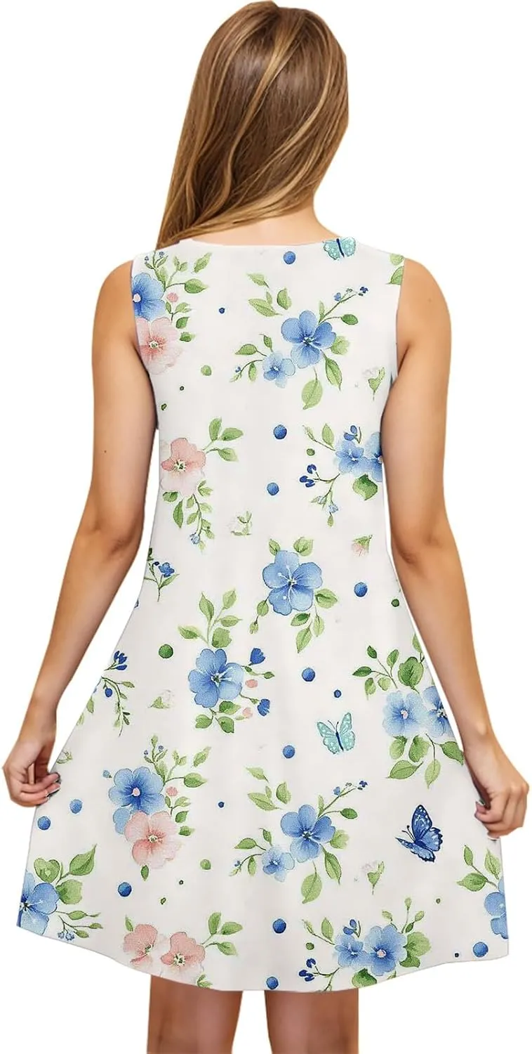 Womens Beach Dresses Loose Swimsuit Cover Ups Sleeveless Vacation Dresses Floral Swing Mini Dress Casual Dresses