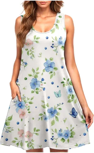 Womens Beach Dresses Loose Swimsuit Cover Ups Sleeveless Vacation Dresses Floral Swing Mini Dress Casual Dresses