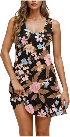 Women's Beach Dresses Loose Swimsuit Cover Ups Sleeveless Vacation Dresses Flowy Mini Dress Print Casual Dresses