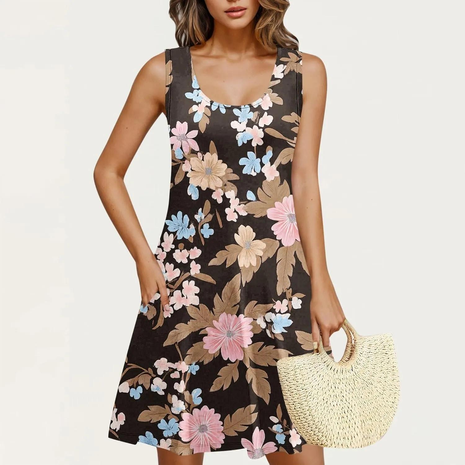 Women's Beach Dresses Loose Swimsuit Cover Ups Sleeveless Vacation Dresses Flowy Mini Dress Print Casual Dresses