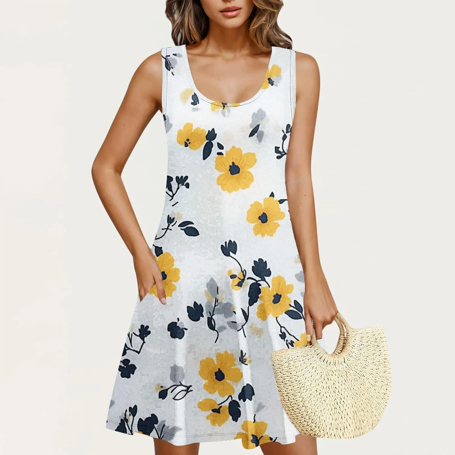 Women's Beach Dresses Loose Swimsuit Cover Ups Sleeveless Vacation Dresses Flowy Mini Dress Print Casual Dresses