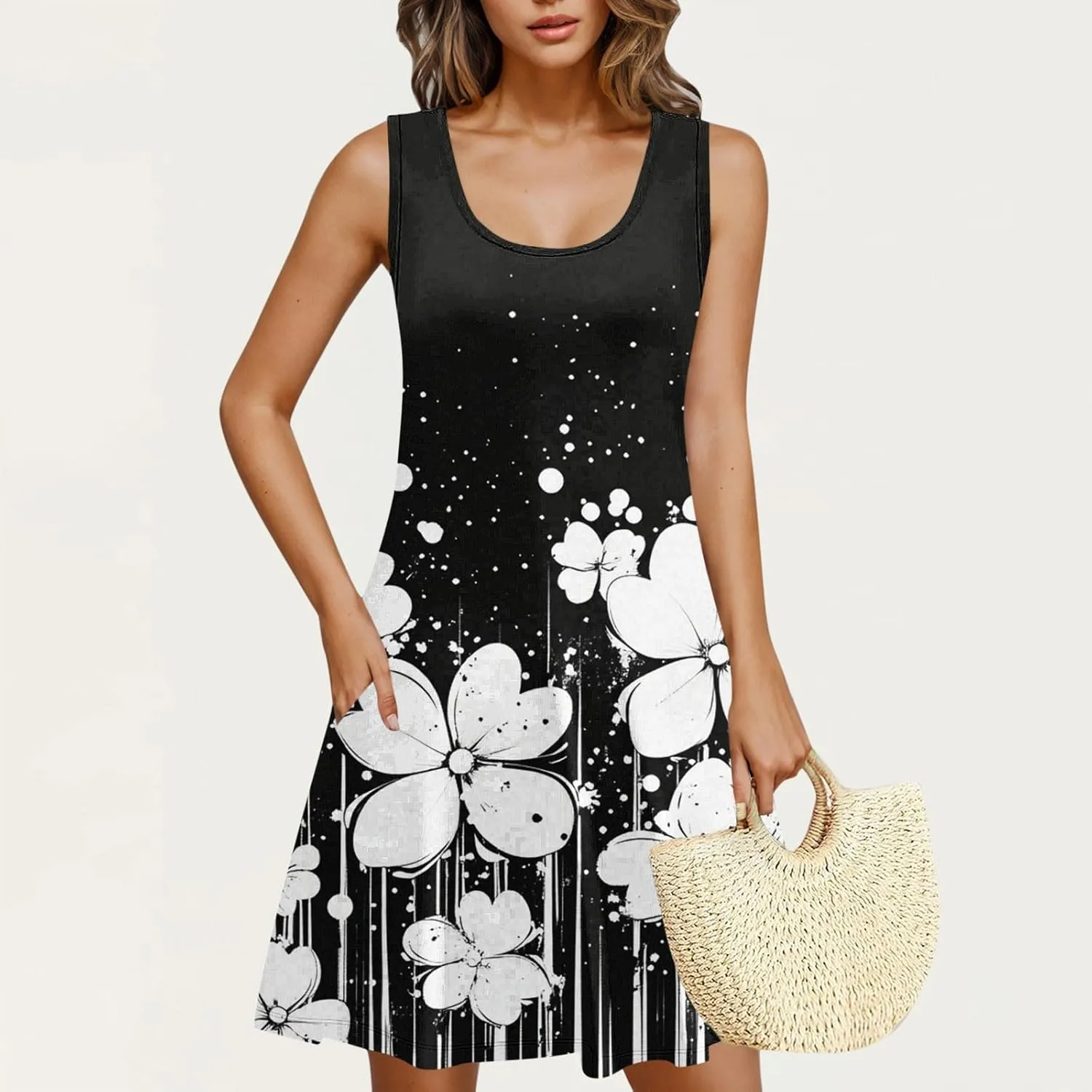 Women's Beach Dresses Loose Swimsuit Cover Ups Sleeveless Vacation Dresses Flowy Mini Dress Print Casual Dresses