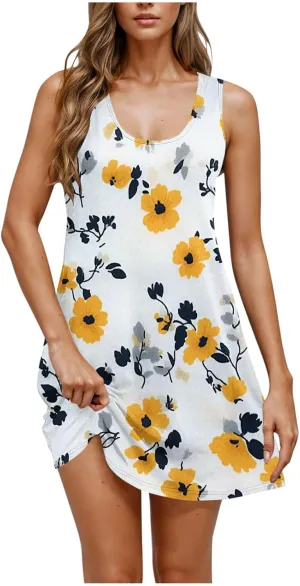 Women's Beach Dresses Loose Swimsuit Cover Ups Sleeveless Vacation Dresses Flowy Mini Dress Print Casual Dresses