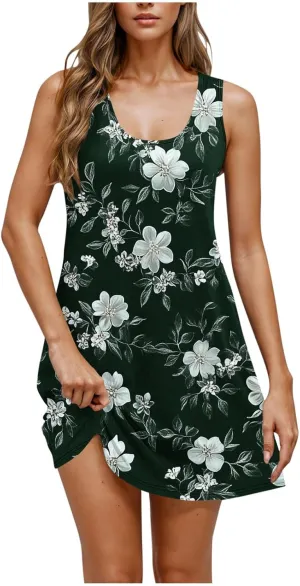 Women's Beach Dresses Loose Swimsuit Cover Ups Sleeveless Vacation Dresses Flowy Mini Dress Print Casual Dresses