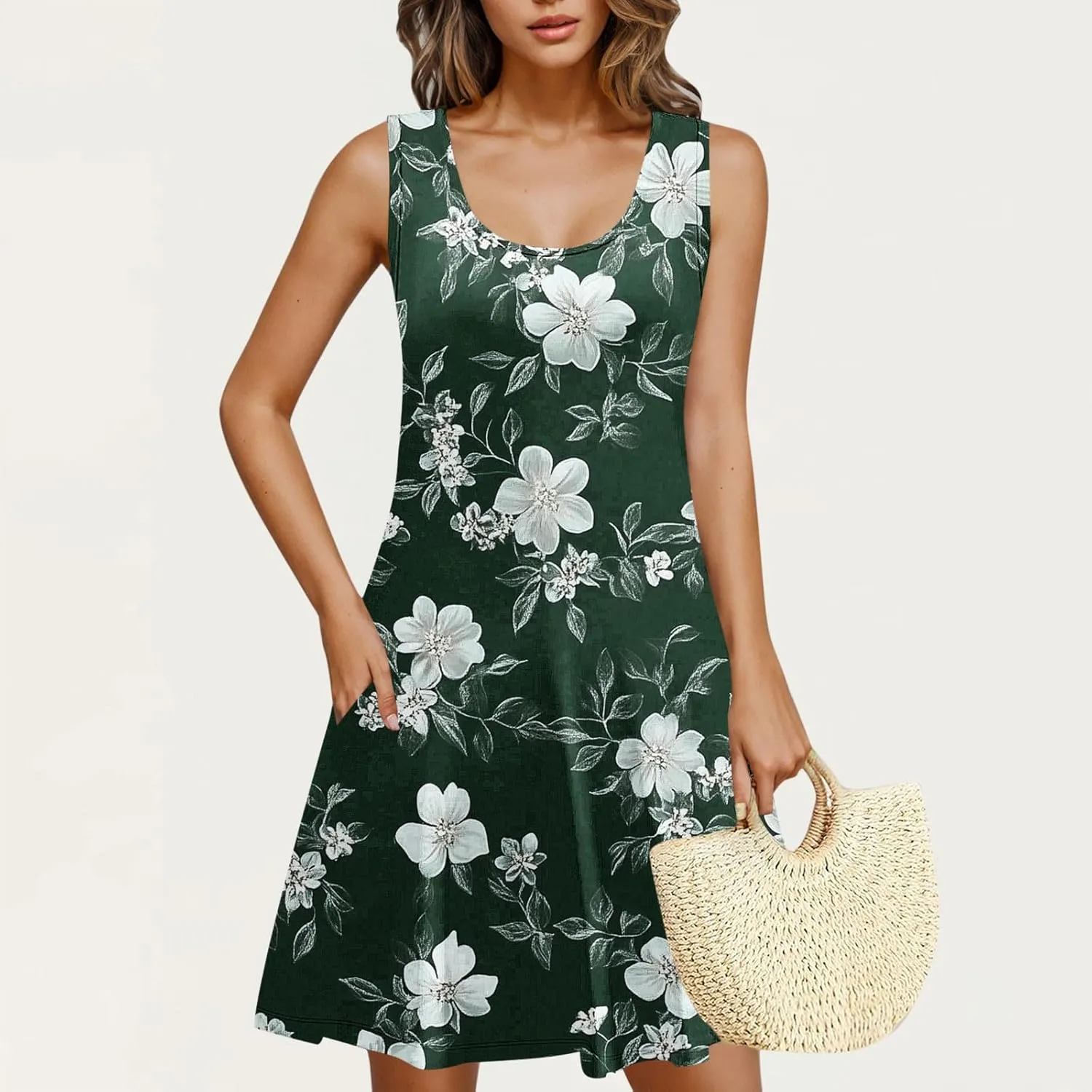Women's Beach Dresses Loose Swimsuit Cover Ups Sleeveless Vacation Dresses Flowy Mini Dress Print Casual Dresses