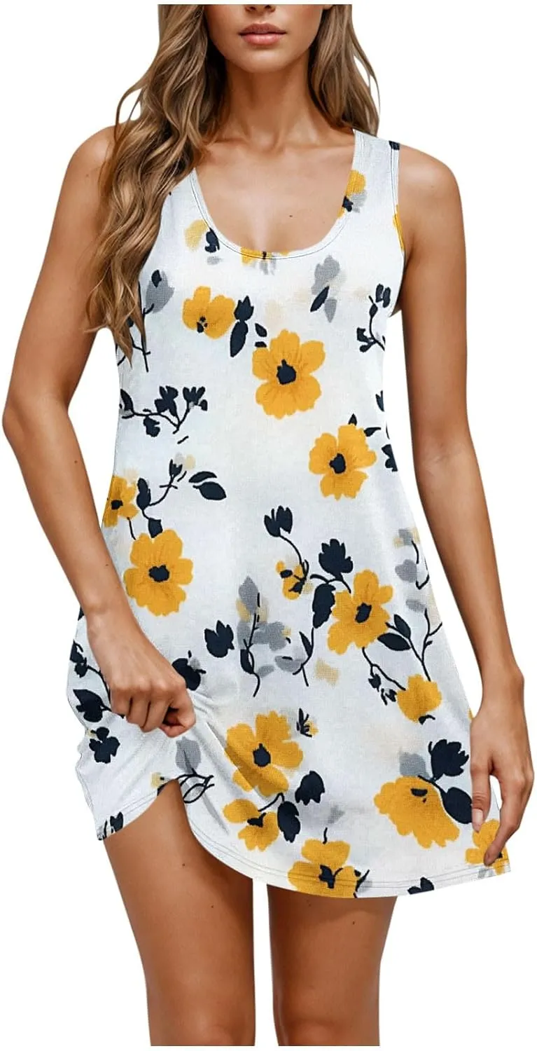 Women's Beach Dresses Loose Swimsuit Cover Ups Sleeveless Vacation Dresses Flowy Mini Dress Print Casual Dresses