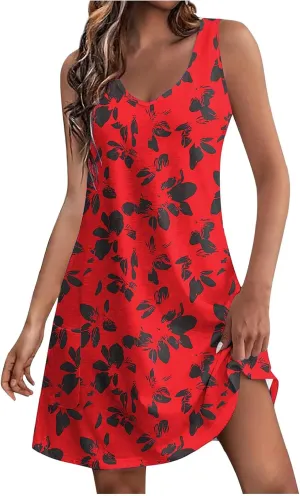 Womens Beach Dresses Trendy Swimsuit Cover Ups Sleeveless Vacation Dresses Floral Flowy Mini Dress Swing Dresses
