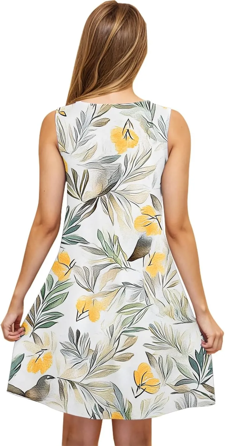 Womens Beach Dresses Trendy Swimsuit Cover Ups Sleeveless Vacation Dresses Floral Swing Mini Dress Flowy Dresses