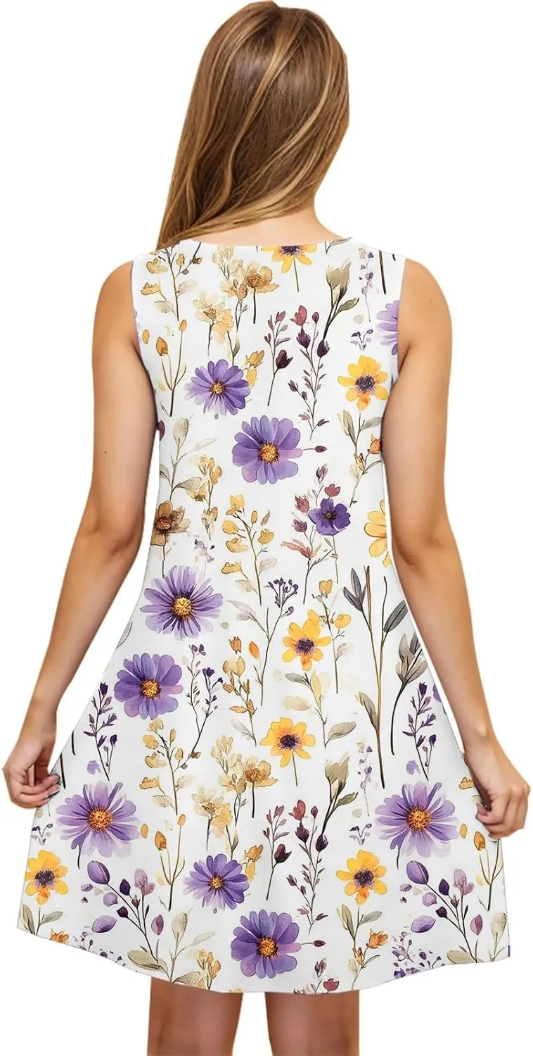 Women's Beach Dresses Trendy Swimsuit Cover Ups Sleeveless Vacation Dresses Floral Swing Mini Dress Flowy Dresses