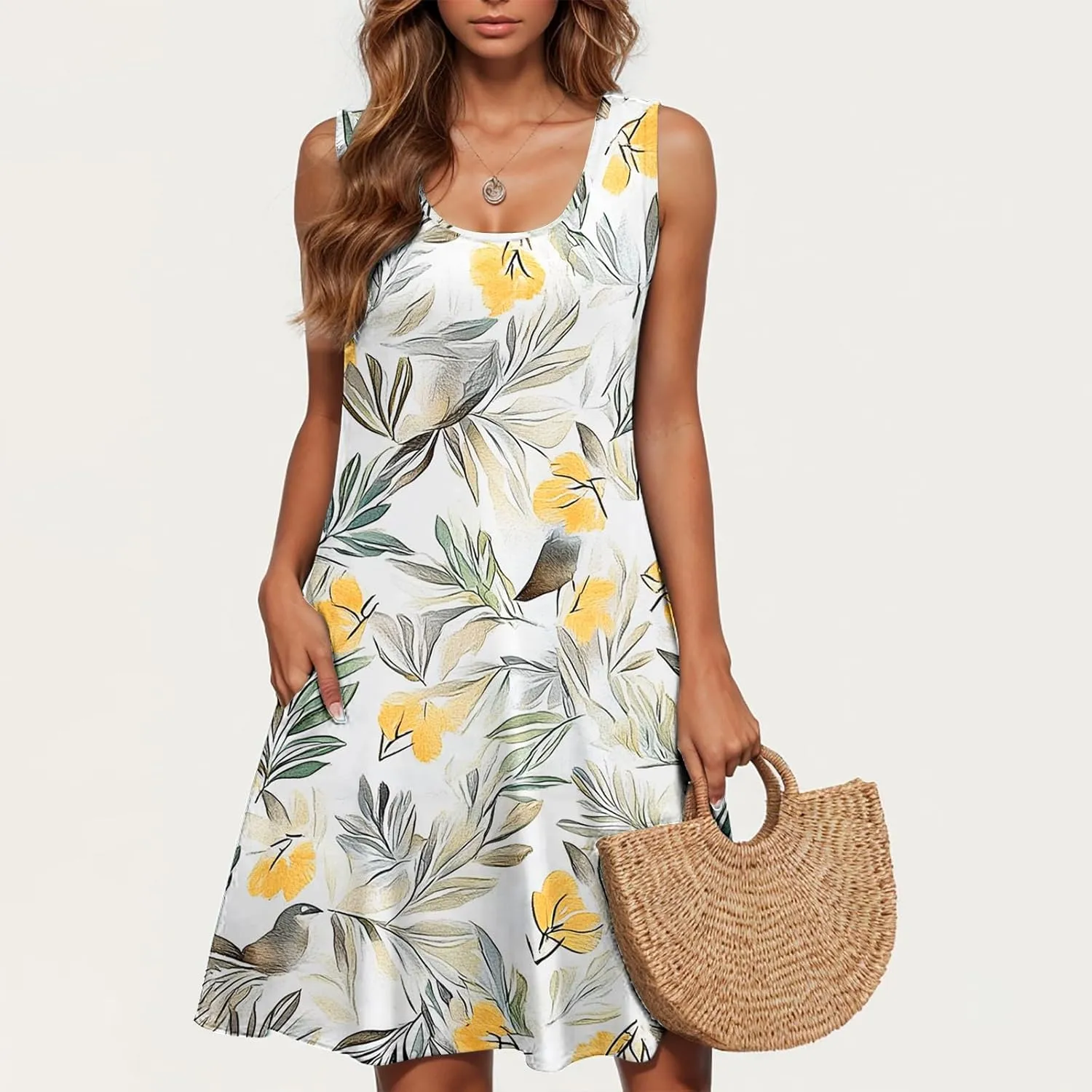 Womens Beach Dresses Trendy Swimsuit Cover Ups Sleeveless Vacation Dresses Floral Swing Mini Dress Flowy Dresses